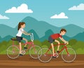 Man and woman friends ride bicycle