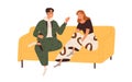 Man and woman friends sitting on sofa, chatting. Happy smiling people, couple talking, laughing, relaxing on couch Royalty Free Stock Photo