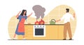 Man and woman frightened by kitchen fire. Burning with smoke oven. Dangerous accident during cooking process, spoiling Royalty Free Stock Photo