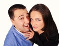 Man and woman with funny faces isolated over white background Royalty Free Stock Photo