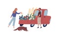 Man and woman gardeners selling flowers from van vector flat illustration. Male customer choosing garden plants at local