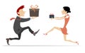 Man and woman with gift boxes run towards one another