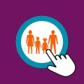 Man, woman, girl and boy together icon. Full family concept. Hand Mouse Cursor Clicks the Button