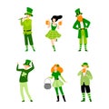 Man and Woman in Green Festive Costume Celebrating Saint Patrick Day Vector Set