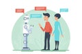 Man and woman greeting and speaking with artificial intelligence android robot vector illustratrion. AI cooperation.