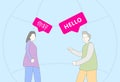 Man and woman greeting, speaking different languages - hello in English and Chinese. Emphasizing cultural exchange and