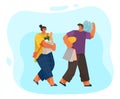 Man and woman with grocery bags on blue background. Cartoon people illustration food shopping Royalty Free Stock Photo