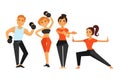 Man and woman in gym making sport fitness exercises vector icons Royalty Free Stock Photo