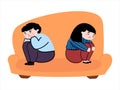 A man and a woman had a fight. A man and a woman sit on the sofa in resentment. Family problem.