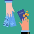 Man and woman hand with bitcoin, passport and tickets Royalty Free Stock Photo