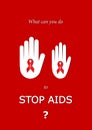 Man and woman hands with aids ribbons for stop virus, red and white vector illustration