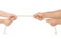 Man and woman hands with breaking rope Royalty Free Stock Photo