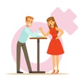 Man and woman with hands clasped arm wrestling, girlfriend confronts her boyfriend colorful characters vector