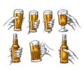Man and woman hands holding, clinking with beer glass, bottle Royalty Free Stock Photo