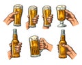 Man and woman hands holding, clinking with beer glass, bottle Royalty Free Stock Photo