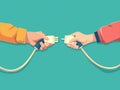 Man and woman hands holding power cord. illustration in flat style Generative AI Royalty Free Stock Photo