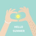 Man woman hands holding sun icon. Male hair arm Female arm braslet. Sun shining with rays of light. Hello summer Greeting card. B Royalty Free Stock Photo