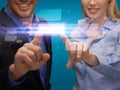 Man and woman hands pointing at virtual screen Royalty Free Stock Photo