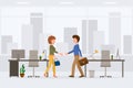 Man, woman hands shaking meeting partners vector illustration. Two coworkers making negotiation deal at office cartoon character Royalty Free Stock Photo