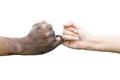 Man and woman hands touching together with a dirty hand and a clean on white background for love concept valentine day, Royalty Free Stock Photo