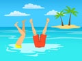 Man and woman have fun on beach vacation, swimming diving in sea,