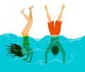 Man and woman have fun in swimming pool, diving and stand on arms in water