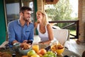 Man and woman having fun during breakfast Royalty Free Stock Photo