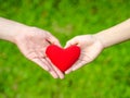 Man and woman heart shape hands hold the red heart. Couple, Love, Valentine`sDay Concept Royalty Free Stock Photo