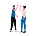 Man and woman high fiving and smiling. Vector illustration of young bearded man and attractive girl working succesfully as a team Royalty Free Stock Photo