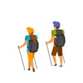 Man and woman hiking walking with poles backpacks