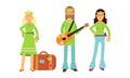 Man and Woman Hippies Carrying Guitar and Travelling Vector Illustration Set