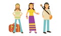 Man and Woman Hippies Carrying Guitar and Travelling Vector Illustration Set