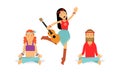 Man and Woman Hippies Carrying Guitar and Yoga Practicing Vector Illustration Set