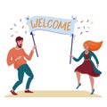 Man and woman holding banner with Welcome text