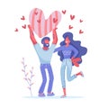 Man and woman holding big red hearts. Valentine s day greeting card characters. Love and relationship concept. Vector Royalty Free Stock Photo