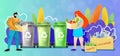 Man and woman holding boxes filled with unsorted trash. Vector illustration showing waste sorting process.