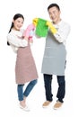 Man and woman holding cleaning supplies Royalty Free Stock Photo