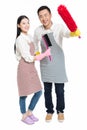 Man and woman holding cleaning supplies Royalty Free Stock Photo