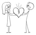 Man and Woman Holding Cracking Heart, Vector Cartoon Stick Figure Illustration