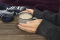 Closeup of woman hands who holding a cup of hot chocolate, knitted scarf and mittens on the wooden rustic table Royalty Free Stock Photo