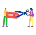 Man and woman holding giant scissors and cutting coupon with 70 off text. Concept of big sale and discounts, couple Royalty Free Stock Photo