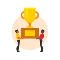 Man and woman holding gold trophy cup. Winner, first place, success concept Royalty Free Stock Photo