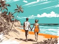 A Man And Woman Holding Hands On A Beach - Back view of a couple on a tropical beach