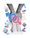 Man and woman holding hands with male and female gender symbols, condoms and pills. Safe love. Contemporary art. World Royalty Free Stock Photo