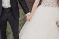 Man and woman holding hands. wedding rings bride and groom Royalty Free Stock Photo