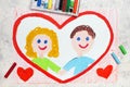 Man and woman holding heands in big red heart. Couple in love  Happy heterosexual relationship Royalty Free Stock Photo