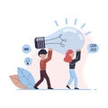 A man and a woman are holding a huge light bulb. Metaphor of the seach for ideas.