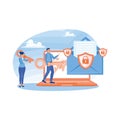 Man and woman holding key. Protecting computer data from crime. Email encryption concept.