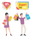 Buyer with Purchase, Super Sale, Shopping Vector