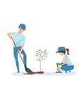 Man and woman holding shovel and planting plants and trees.